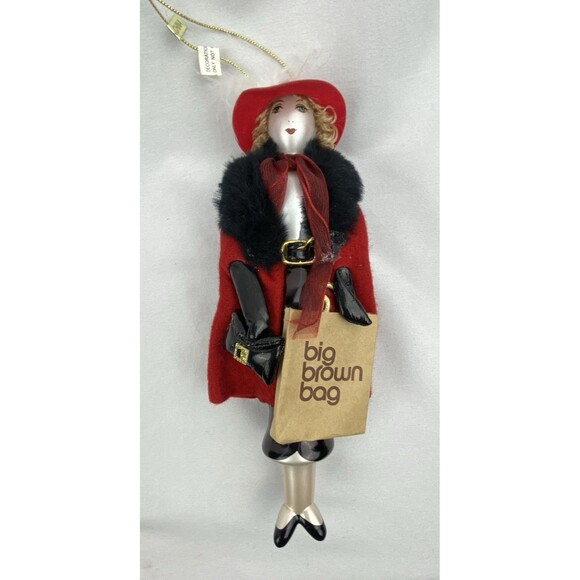 Bloomingdales Woman Fancy Shopper Big Brown Bag Glass Christmas Ornament 8" - Picture 1 of 9